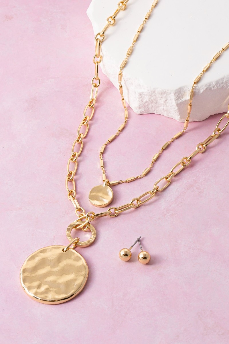 Double Chain Hammered Coin Pendant Necklace Set