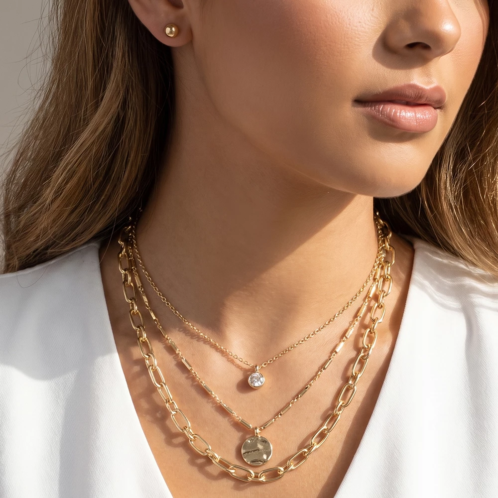 Triple Layer Paperclip Chain Cz Disc Necklace