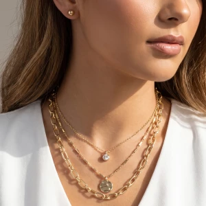 Triple Layer Paperclip Chain Cz Disc Necklace