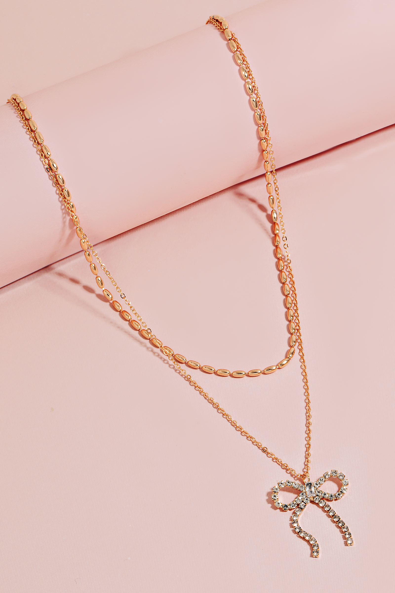 Pave Ribbon Bow Pendant Layered Necklace Set