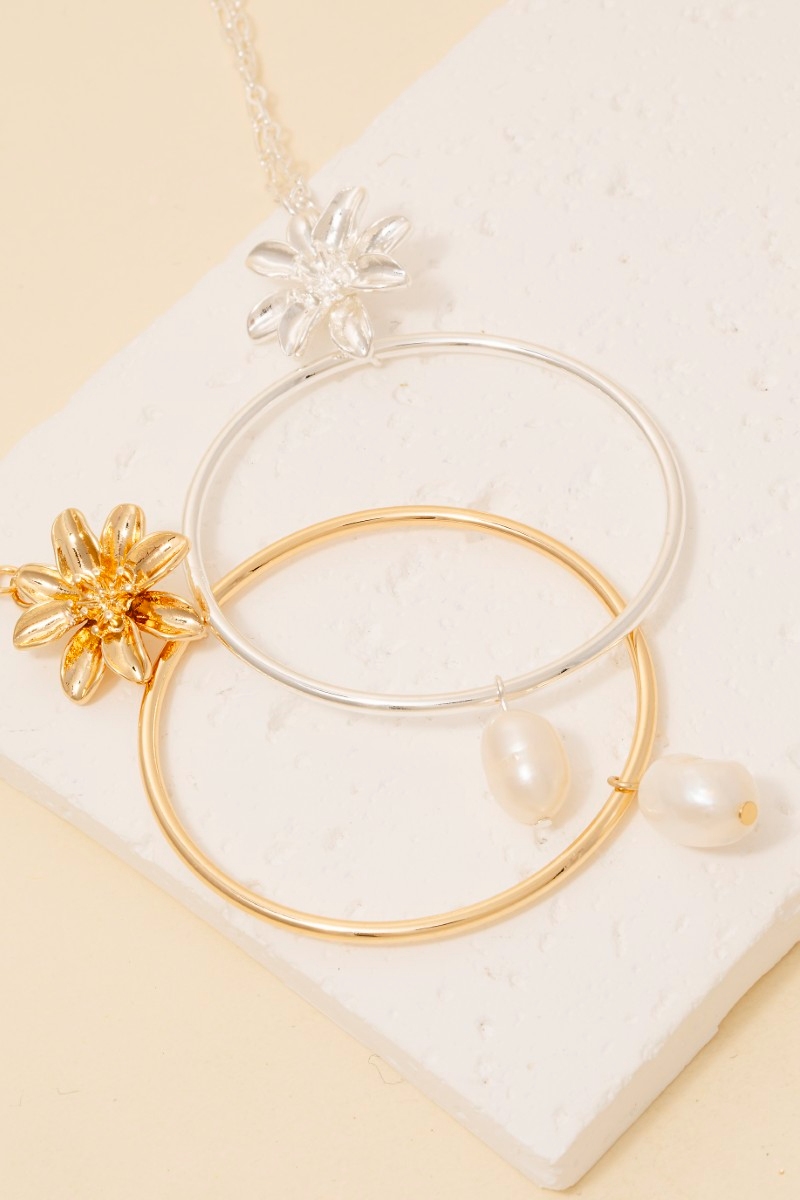 Flower Pearl And Large Hoop Pendant Layered Necklace Set