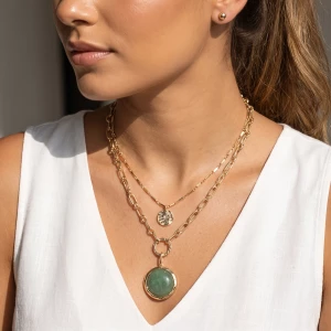 Double Layer Paperclip Necklace With Stone Pendant