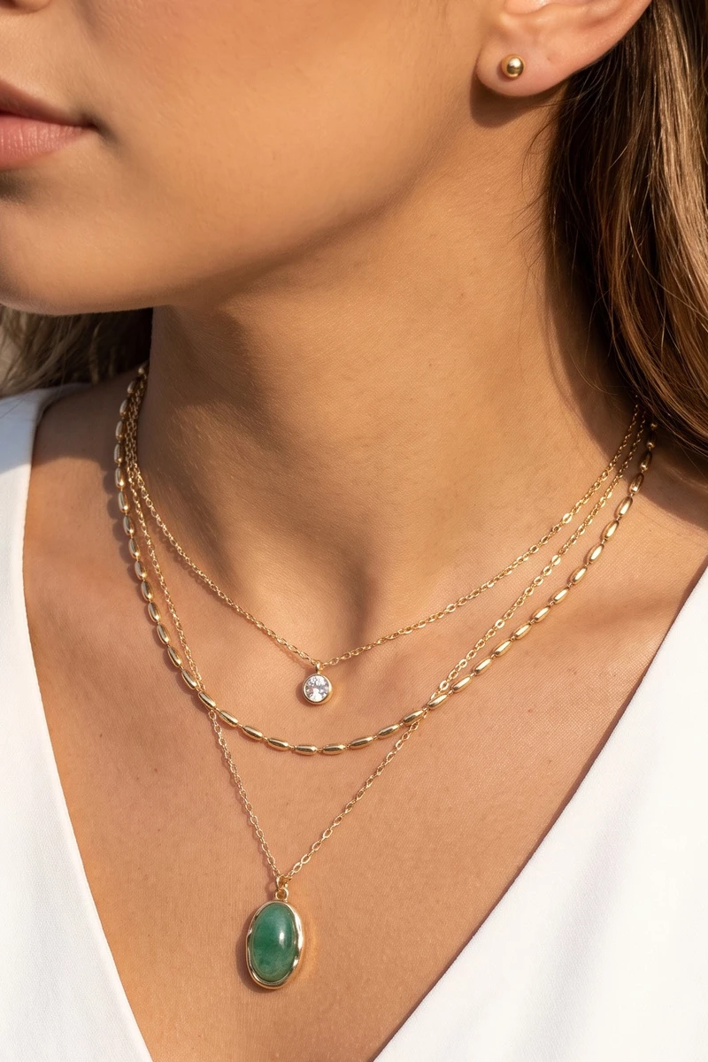 Layered Semi Precious Stone Pendant Necklace Set