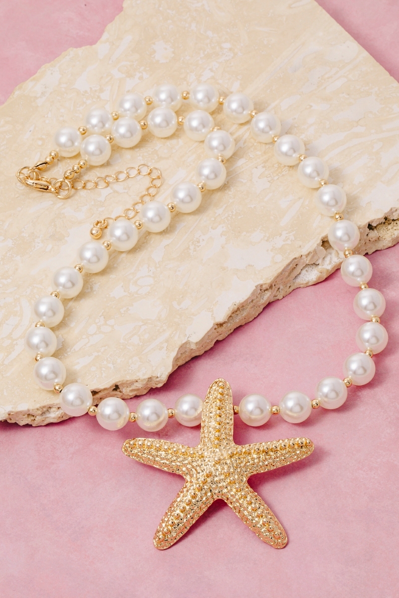 Gold Dipped Starfish Pendant Pearl Beaded Necklace
