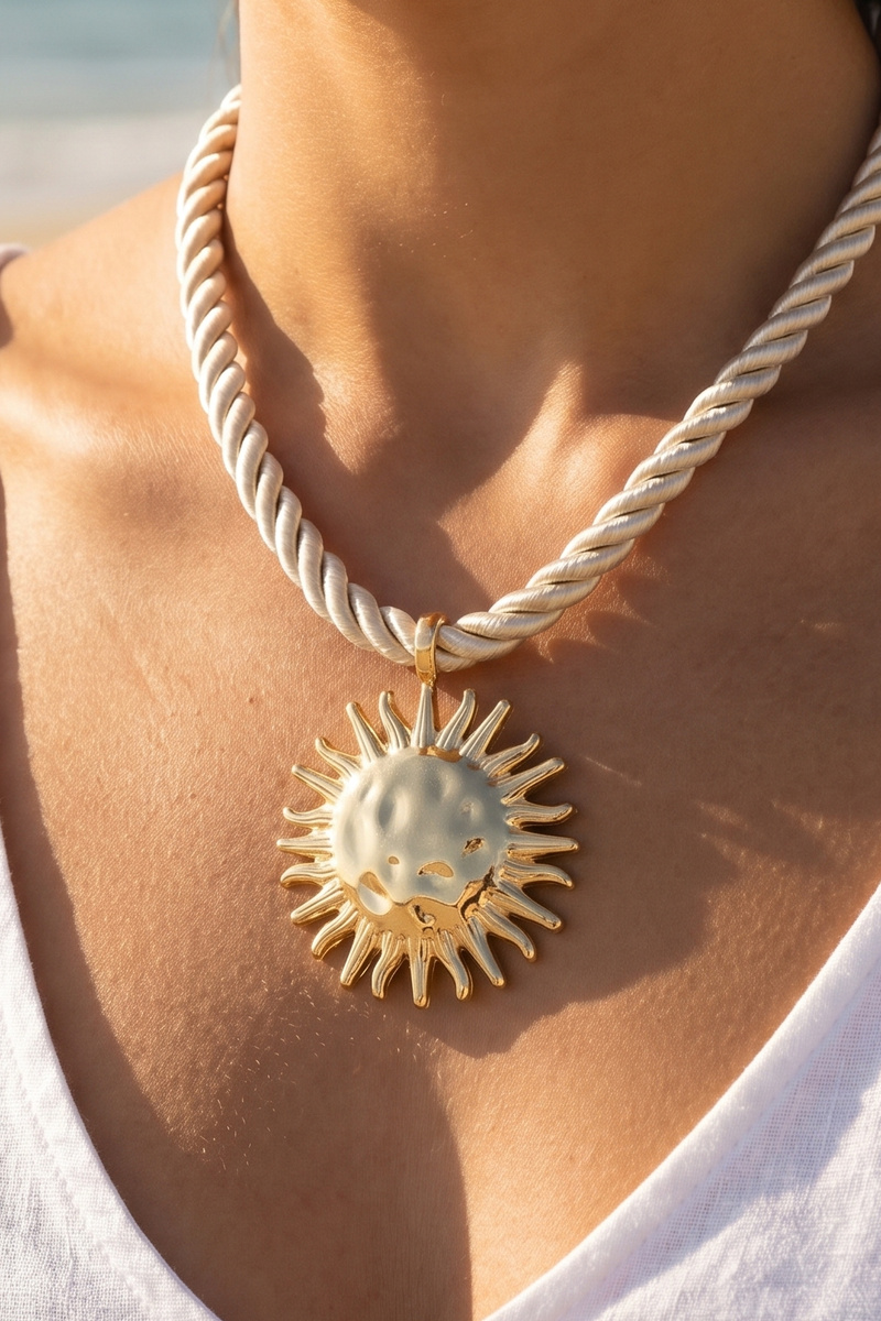 18K Gold Dipped Sun Face Pendant Rope Necklace