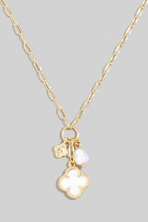 Shell And Metallic Clover Pearl Charm Chain Necklace
