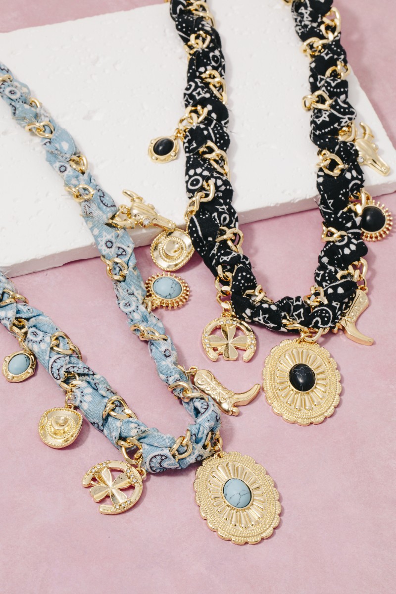 Western Stone Set Concho Charms Paisley Bandana And Chain Braided Necklace