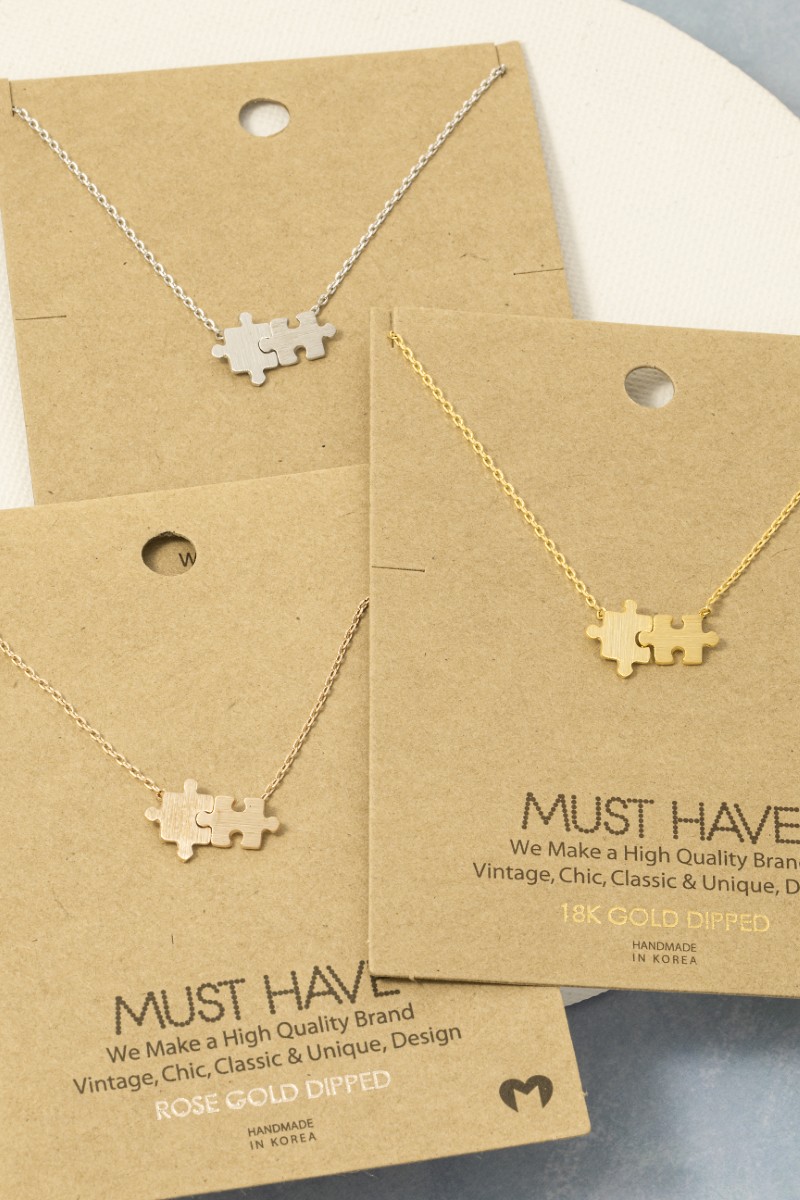 Gold Dipped Brushed Puzzle Piece Pendant Necklace
