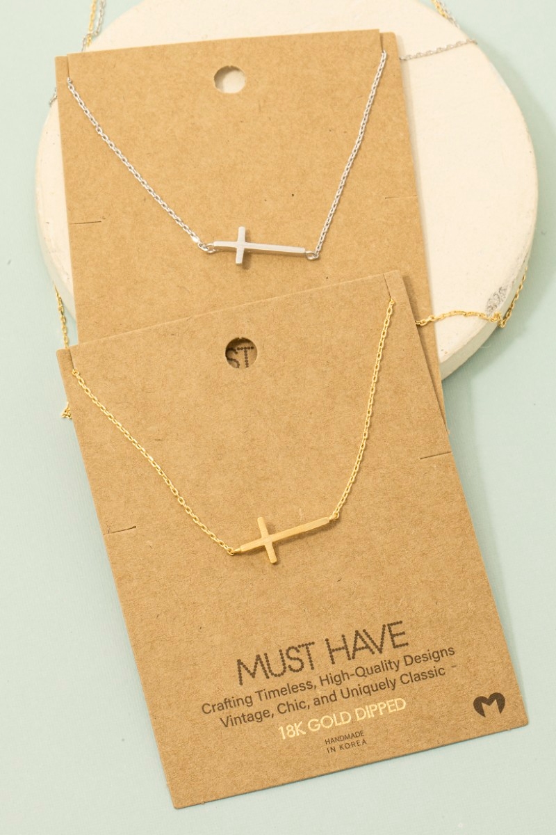 Gold Dipped Side Cross Pendant Necklace