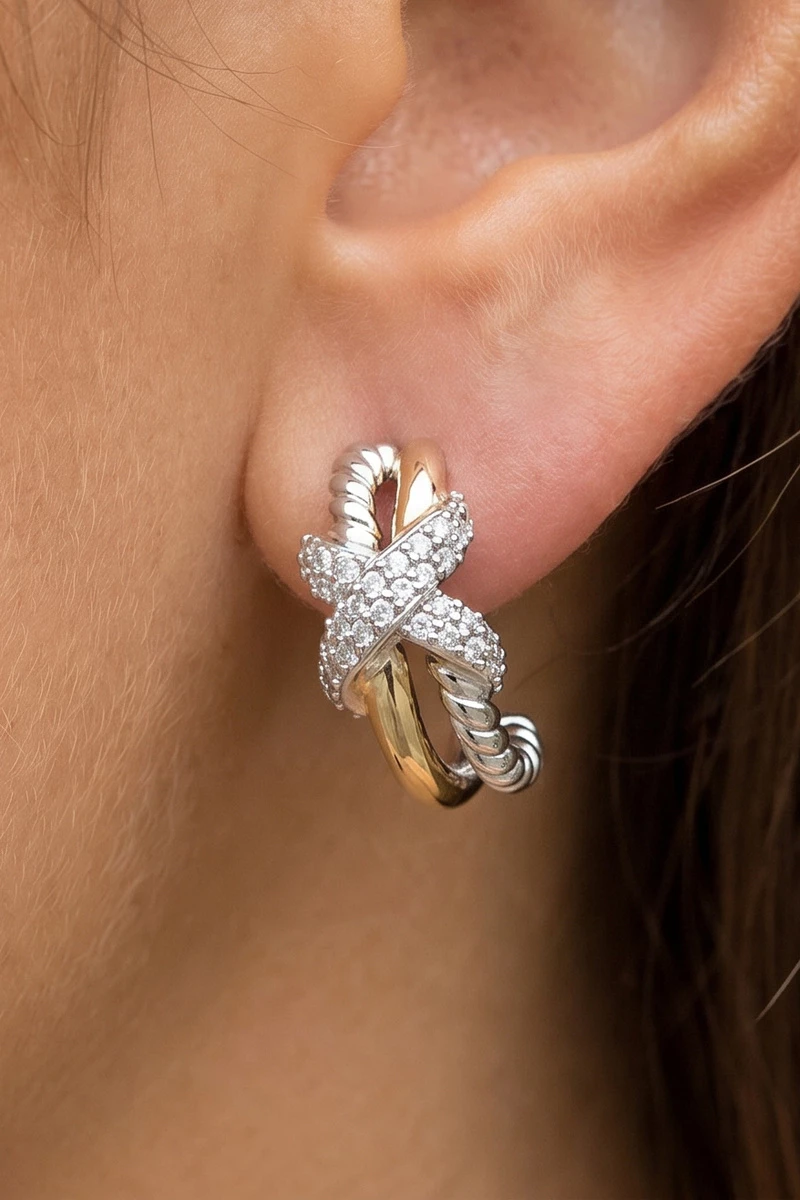 Two Tone Cable Twist Cz X Crossover Hoop Earrings