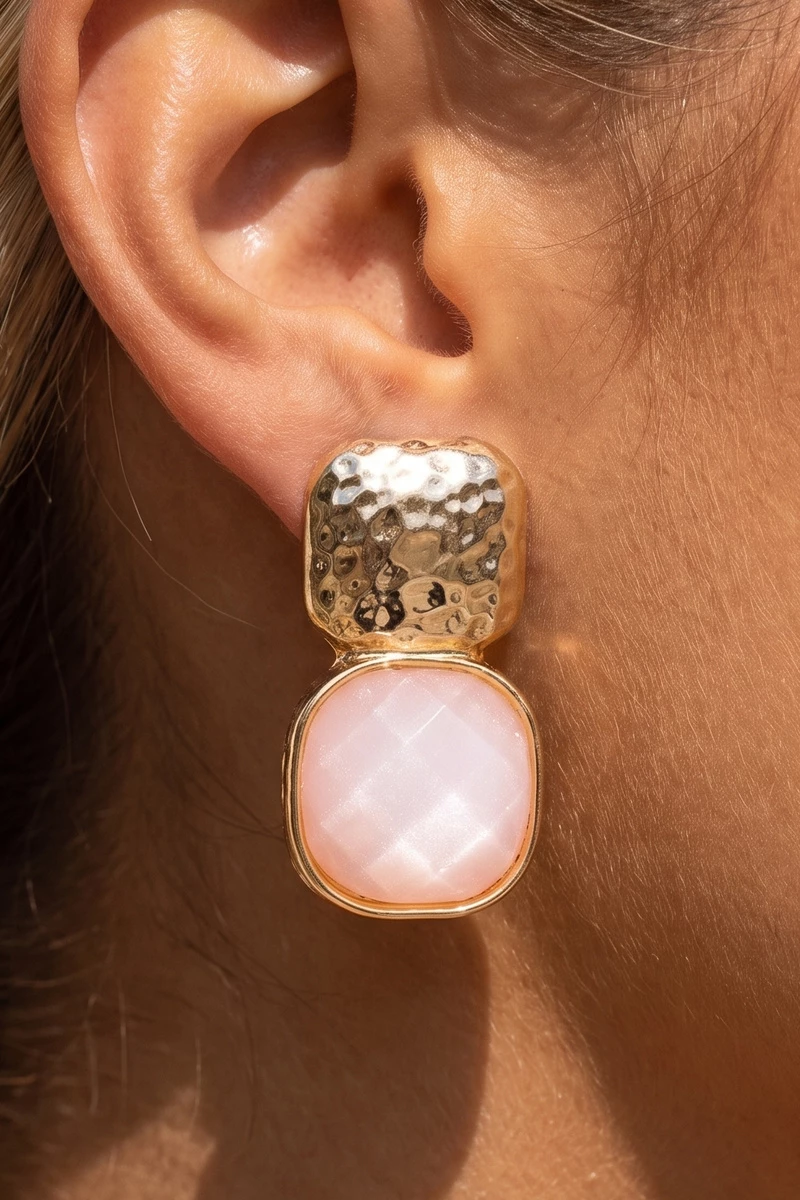 Hammered Square Faceted Cushion Stone Drop Earrings