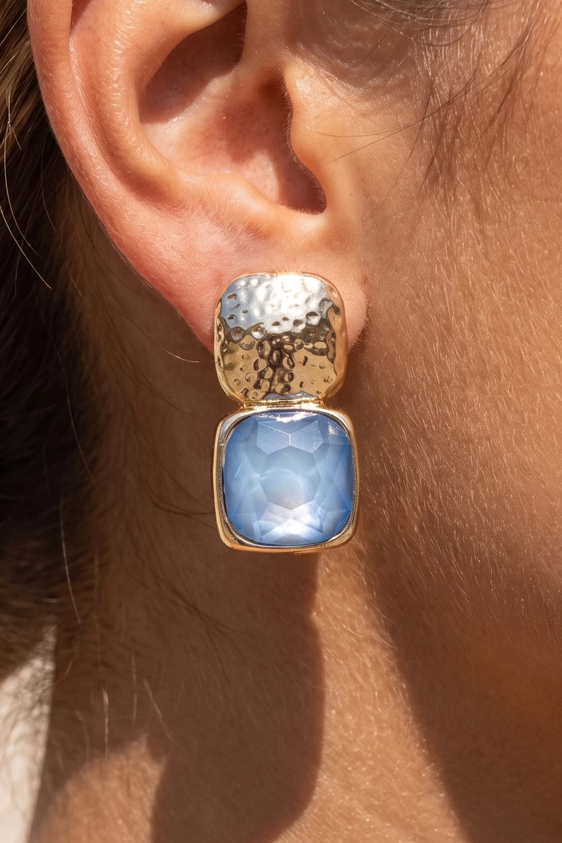 Two Tone Hammered Oversized Stone Drop Earrings
