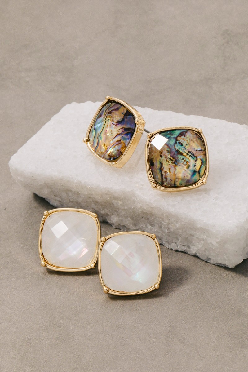Square Faceted Stone Stud Earrings