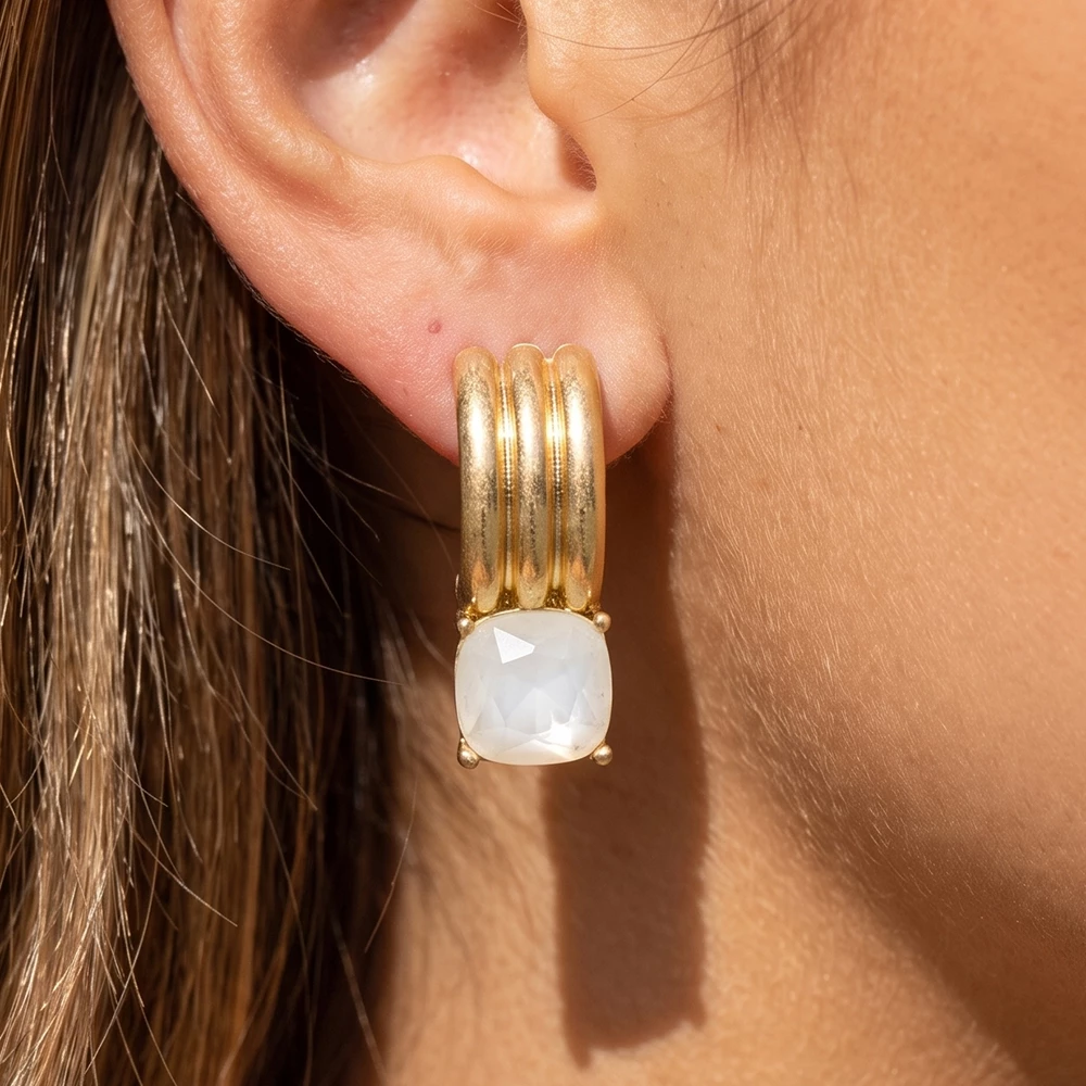 Triple Ribbed Huggie Hoop Earrings With Cushion Stone