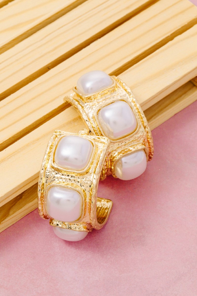 Hammered Triple Square Pearl Hoop Earrings