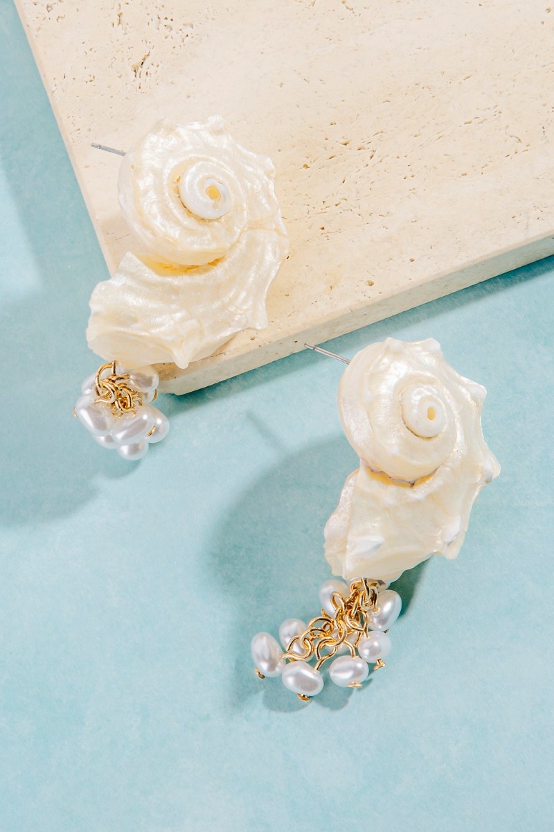 Sealife Seashell Pearl Drop Earrings