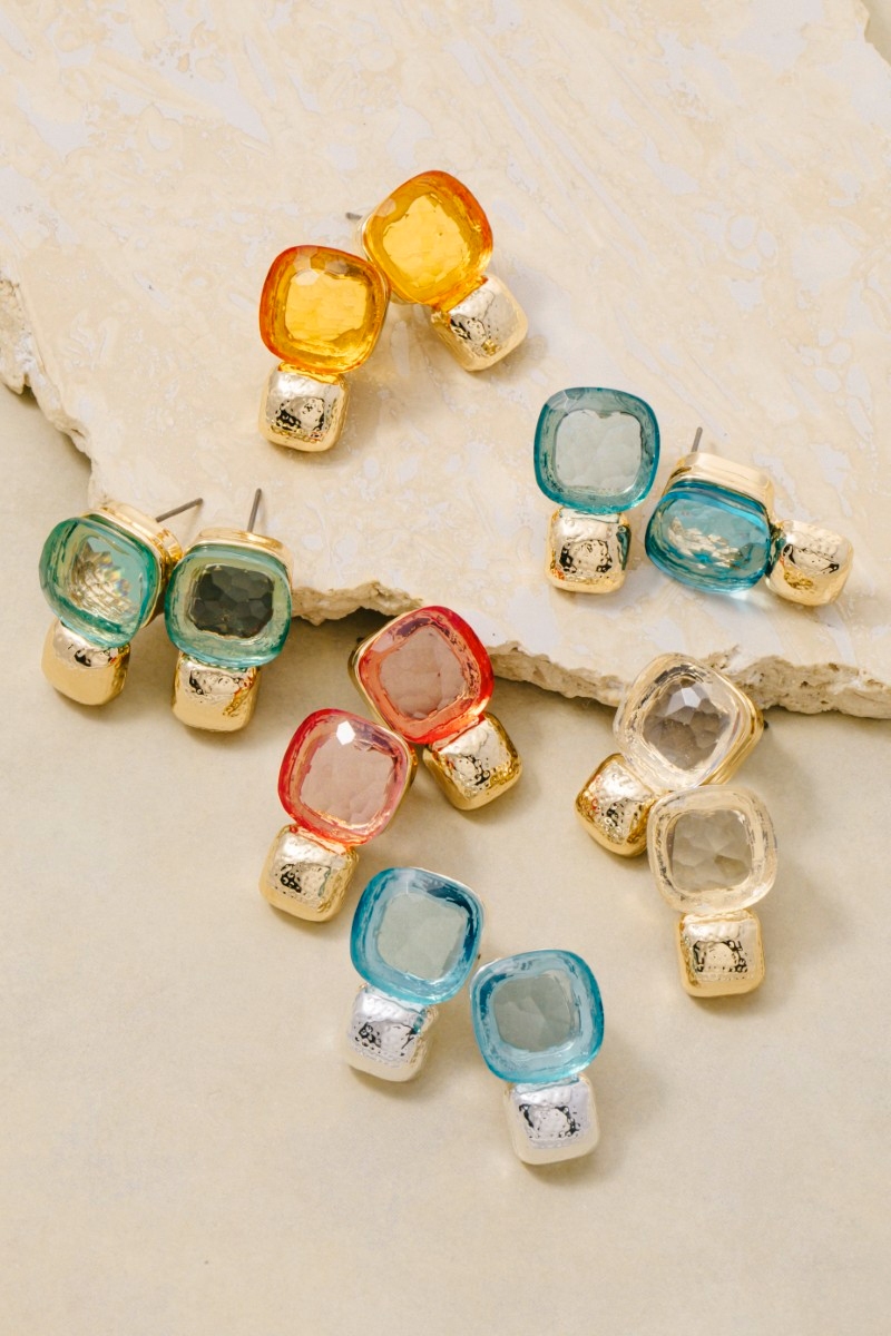 Clear Square Stone Drop Earrings