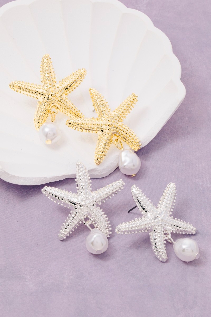 Metallic Starfish With Pearl Drop Earrings