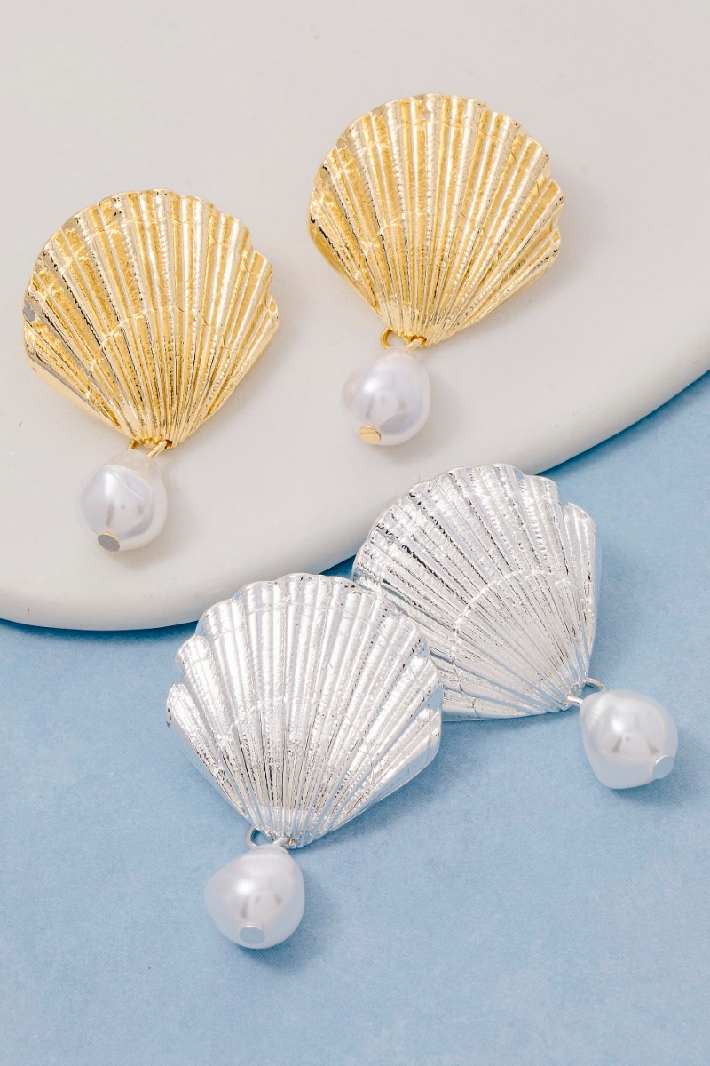 Metallic Seashell Pearl Drop Earrings