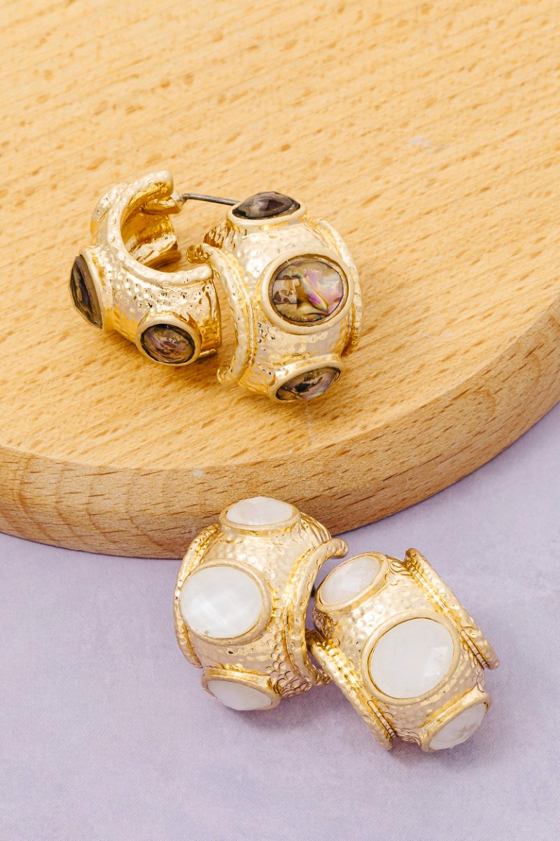 Small Faceted Oval Stone C Shape Hoop Earrings