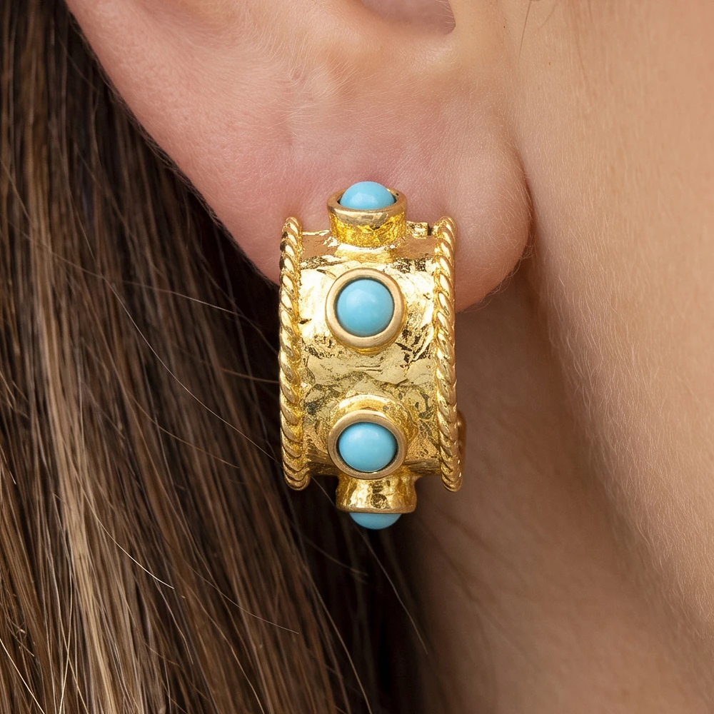 Rope Edge Cabochon Wide Huggie Hoop Earrings