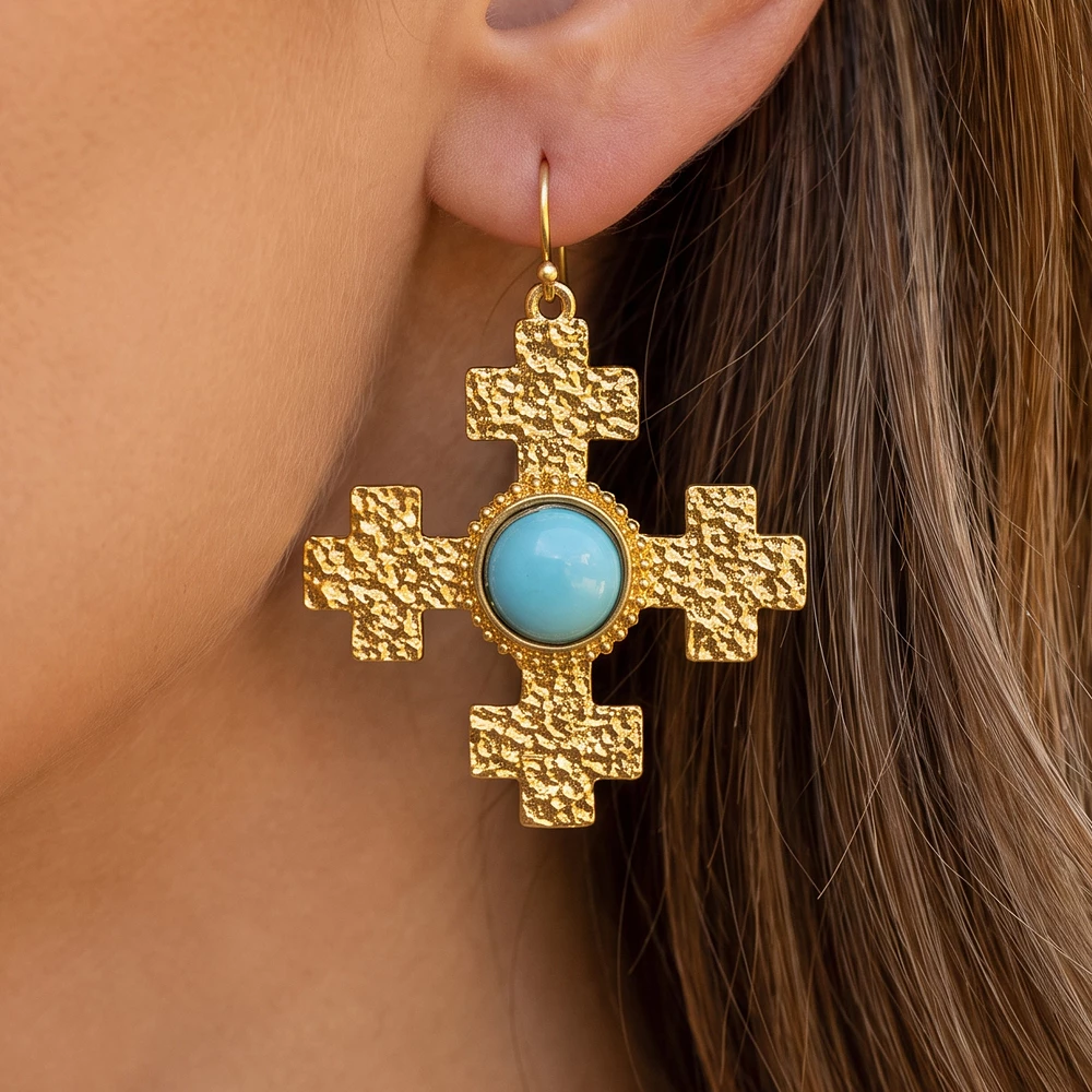 Textured Hammered Cross Cabochon Drop Earrings