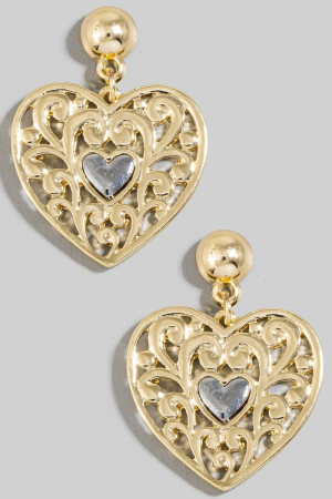 Two Tone Filigree Heart Charm Stud Earrings