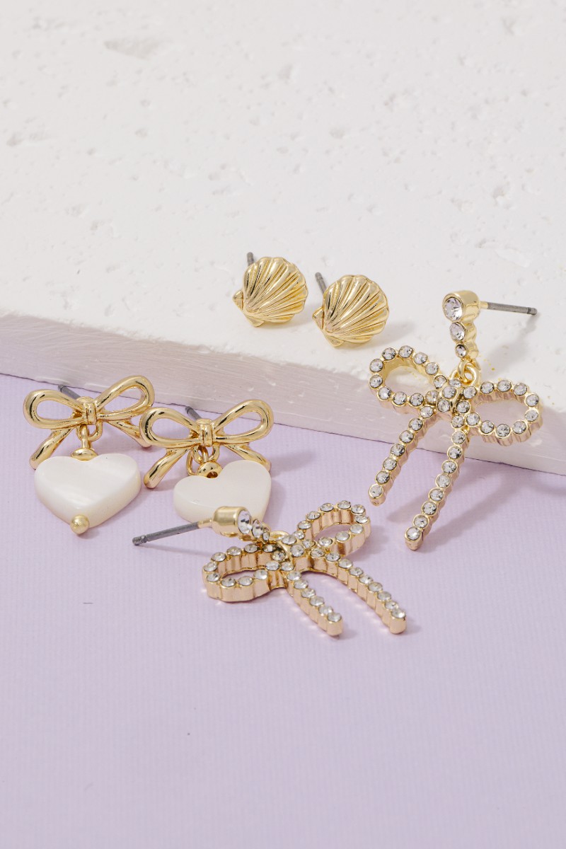 Seashell Heart And Ribbon Bow Stud Earrings Set
