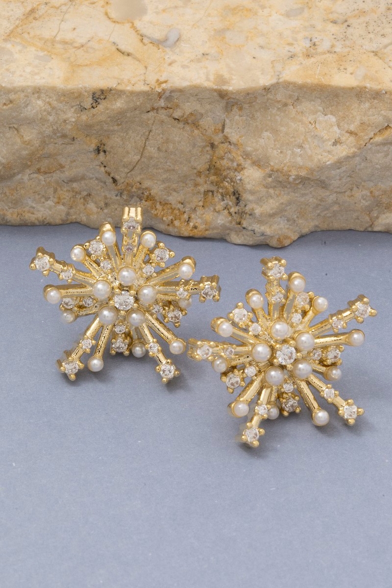 Pearl And Cz Studded Sunburst Stud Earrings