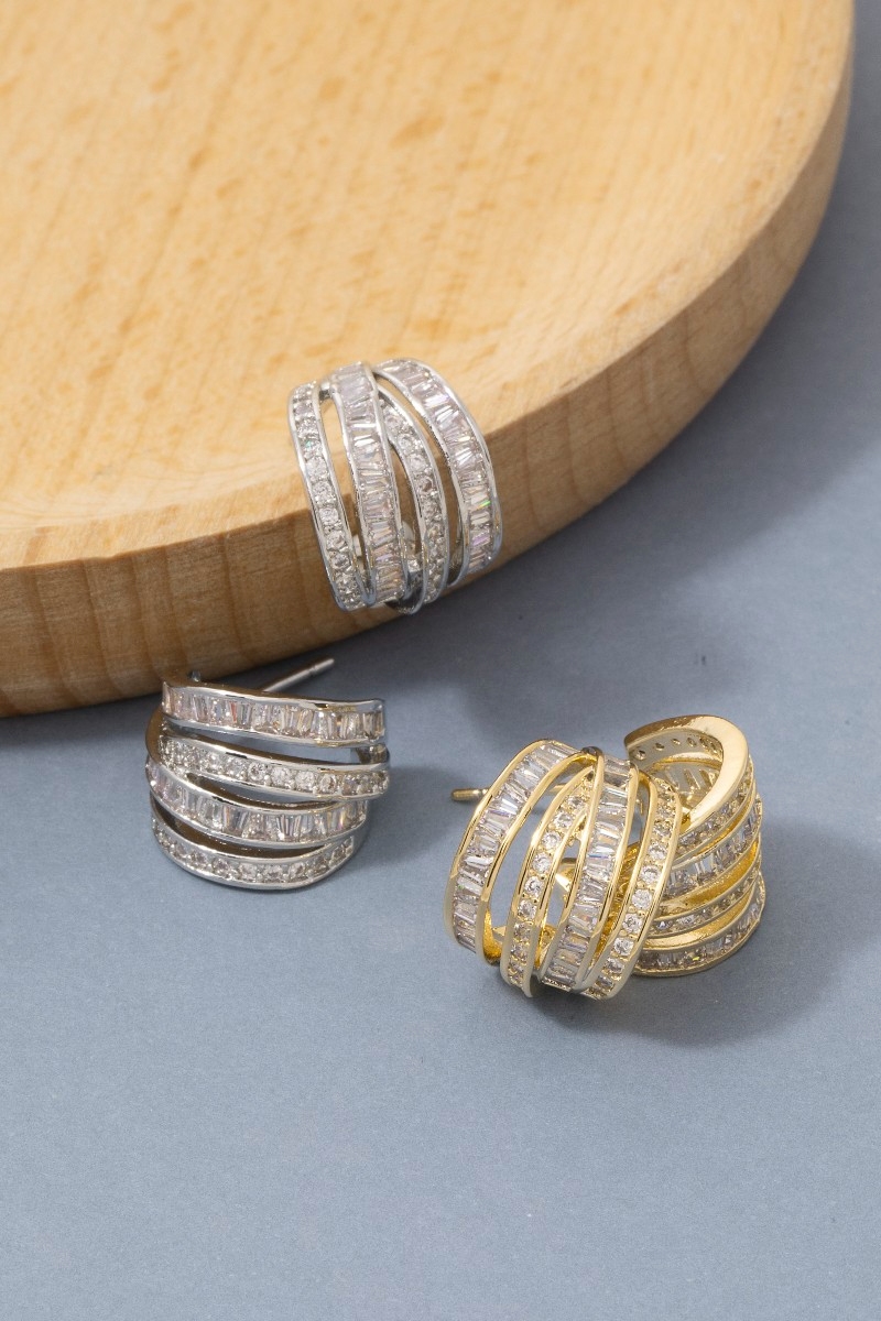 Cz Baguette Triple Row Huggie Earrings
