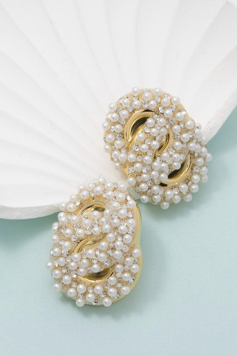 Pearl And Cz Pave Knot Stud Earrings