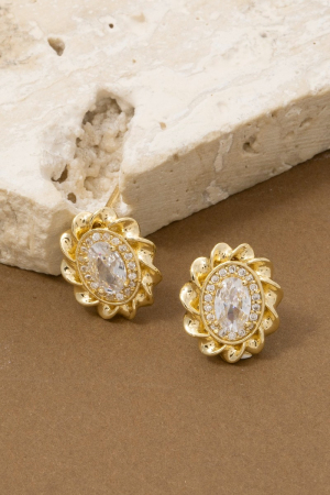 Vintage Halo Cz Oval Stud Earrings