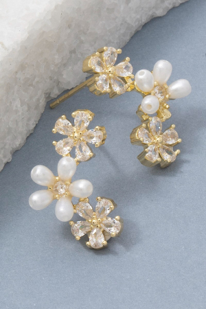 Cz And Pearl Flower Stud Earrings