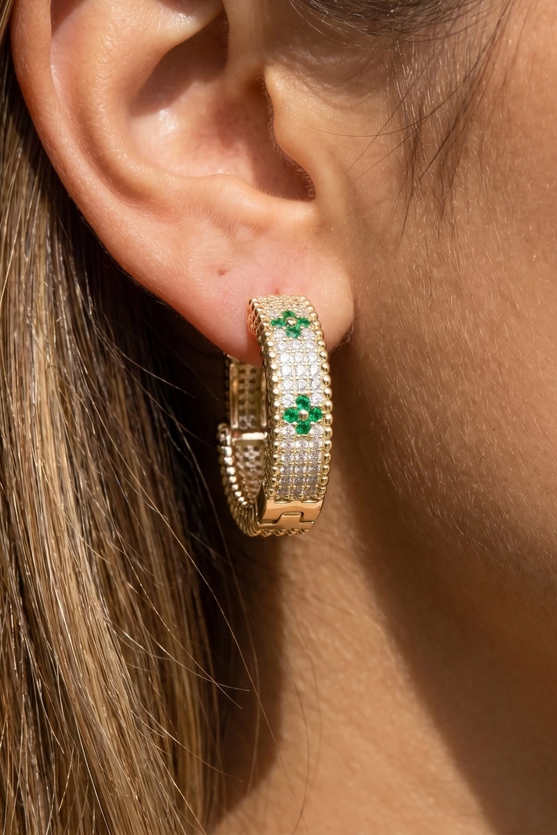 Pave Cz Clover Station Hoop Earrings
