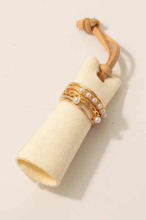 Mixed Pearl Studs 5Pc Metallic Band Rings Set