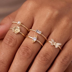 Cz Pearl Flower And Butterfly Ring Set