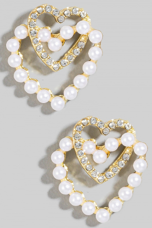 Pearl And Rhinestone Pave Layered Heart Dangle Earrings