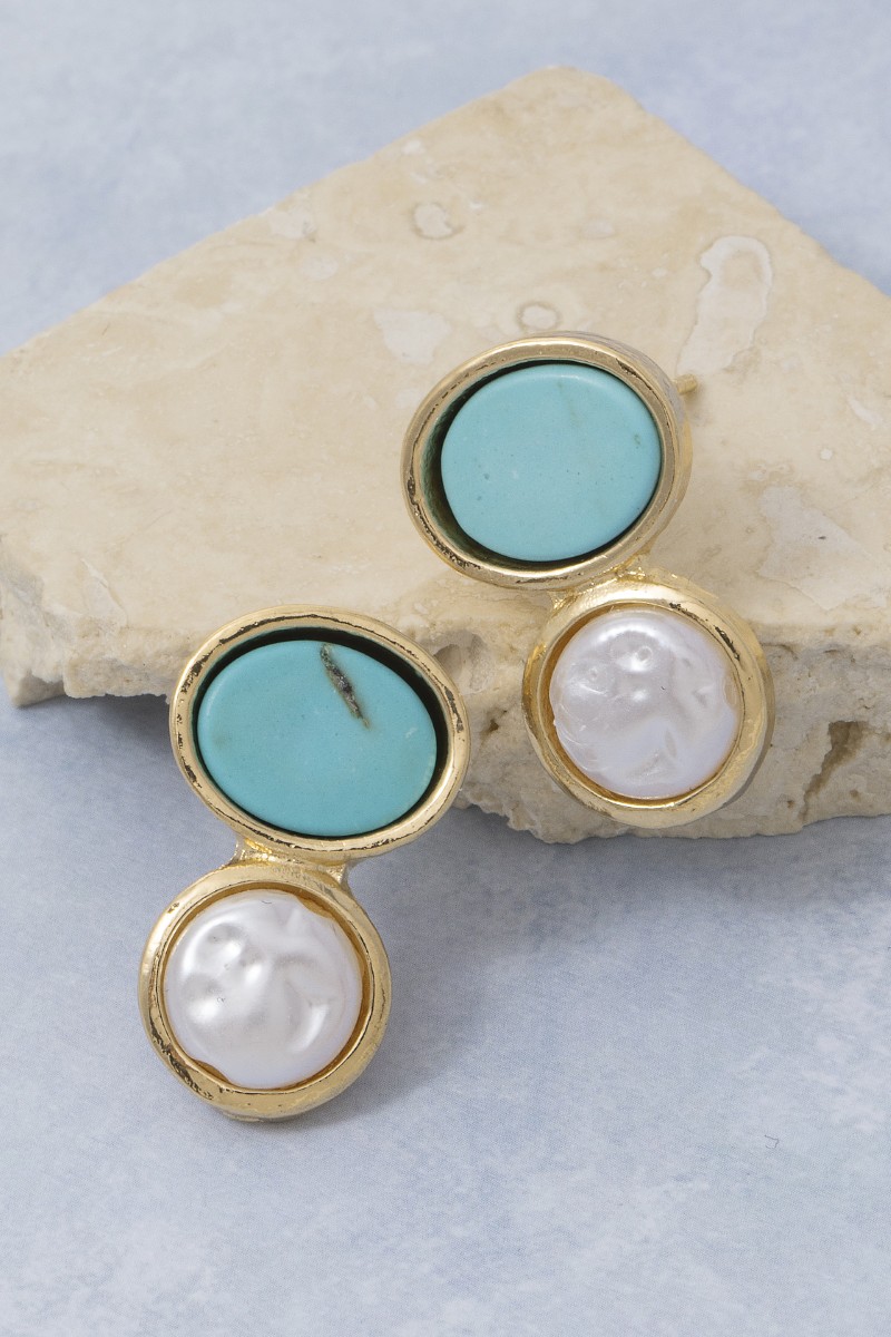 Turquoise And Pearl Ovals Stud Drop Earrings