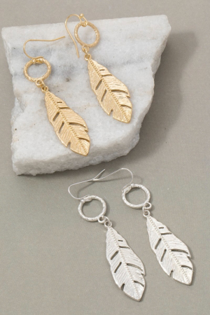 Larger Detailed Metallic Feather Dangle Earrings
