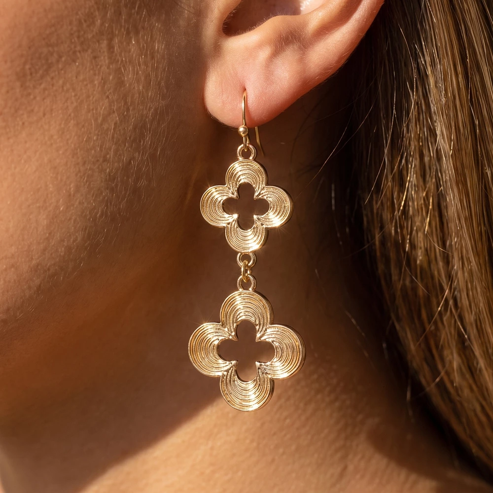 Ribbed Open Clover Double Drop Earrings