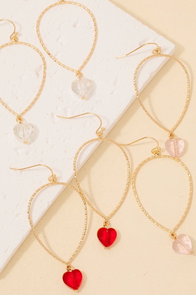 Faceted Glass Heart Charm Tear Dangle Earrings