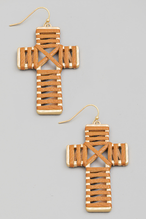 Leather Wrap Cross Dangle Earrings