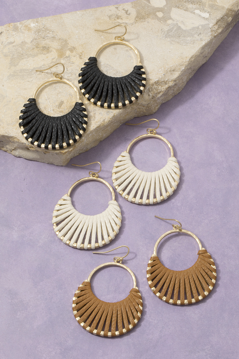 Vegan Leather Woven Fan Hoop Dangle Earrings