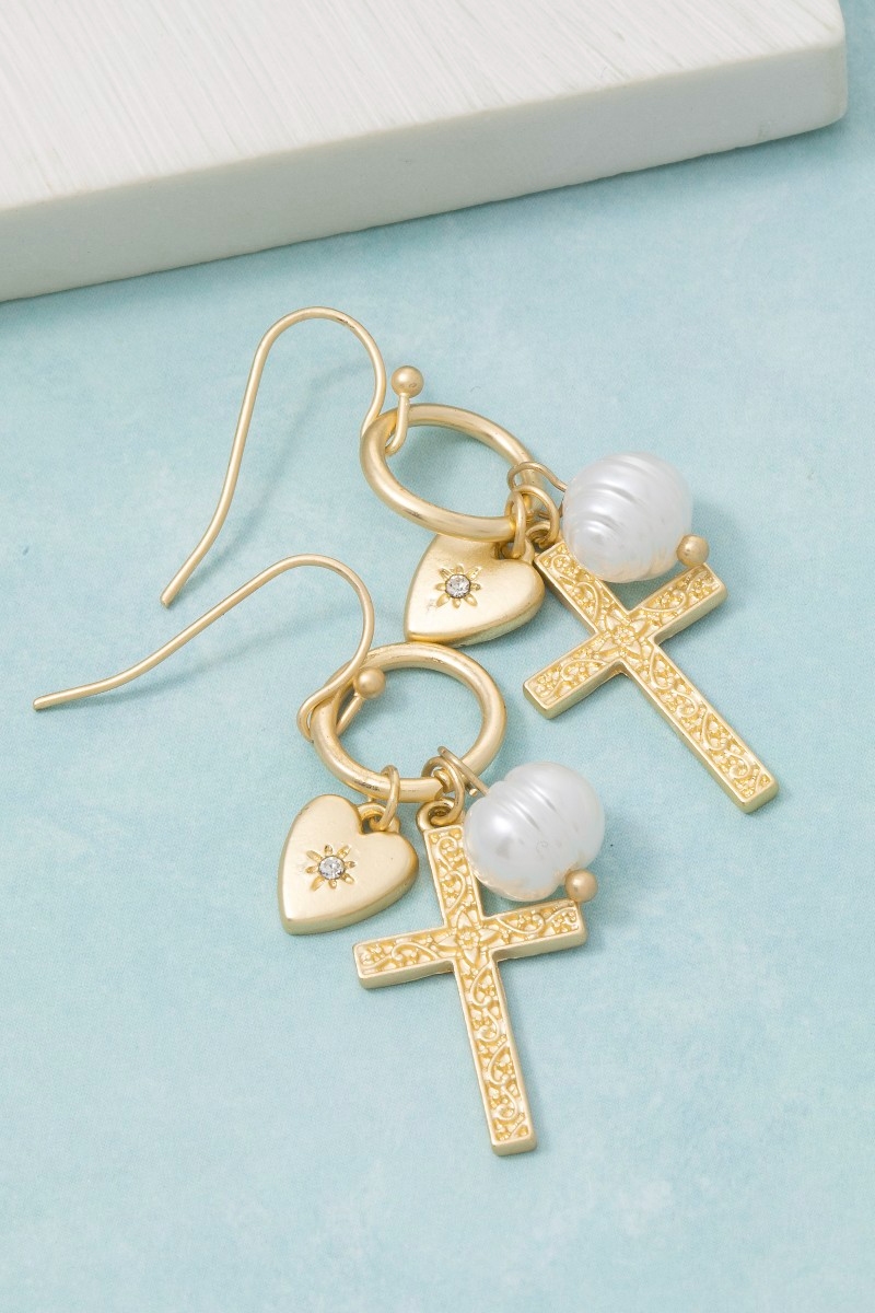 Cross Pearl And Heart Charms Dangle Earrings