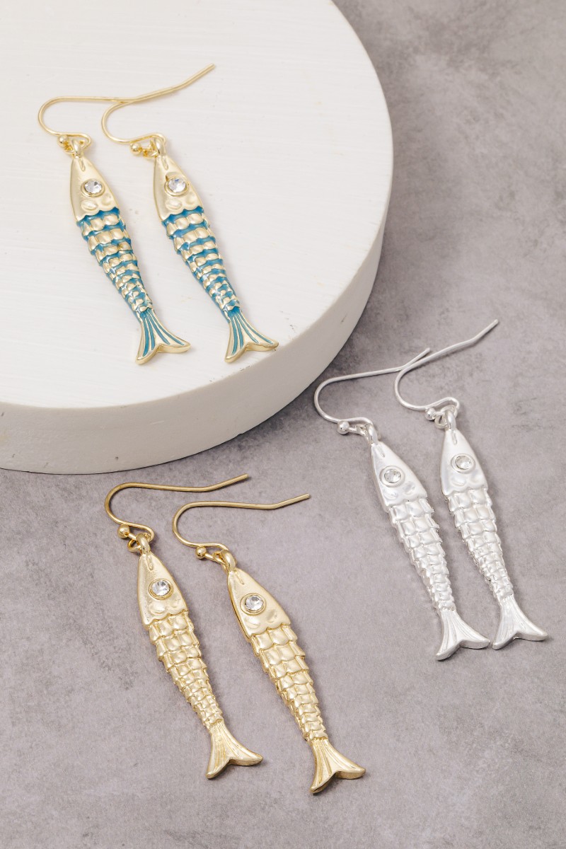 Long Fish Charm Dangle Hook Earrings