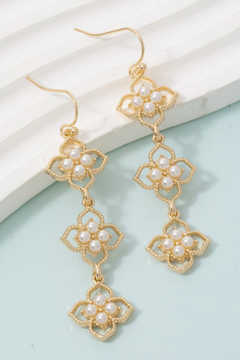 Pearl Studded Multi Flower Chain Dangle Earrings
