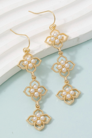 Pearl Studded Multi Flower Chain Dangle Earrings