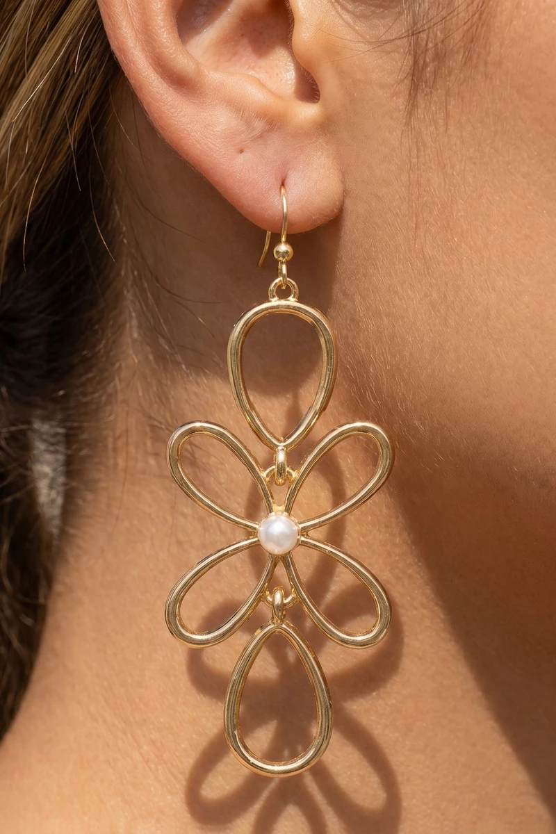 Open Wire Flower Pearl Drop Earrings