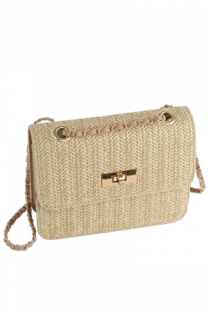 Straw Twist Lock Flap Shoulder Bag
