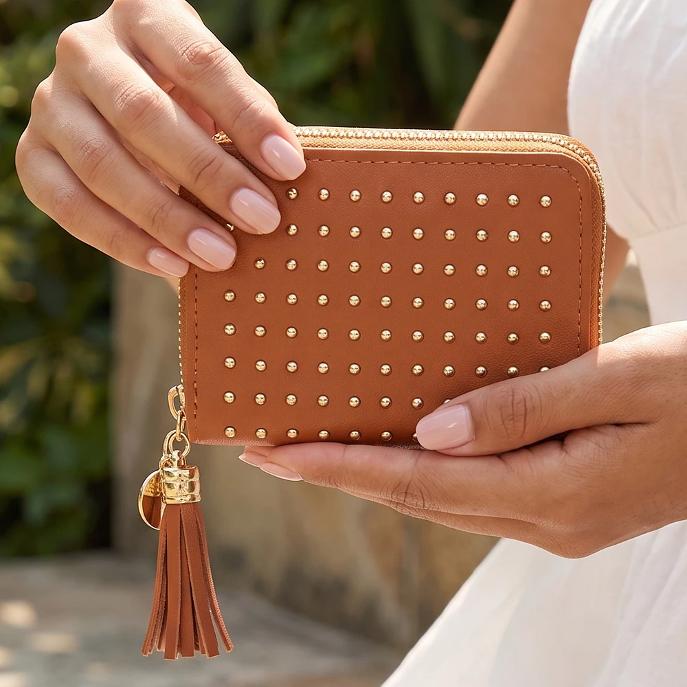 Dot Studded Zip Around Wallet With Tassel
